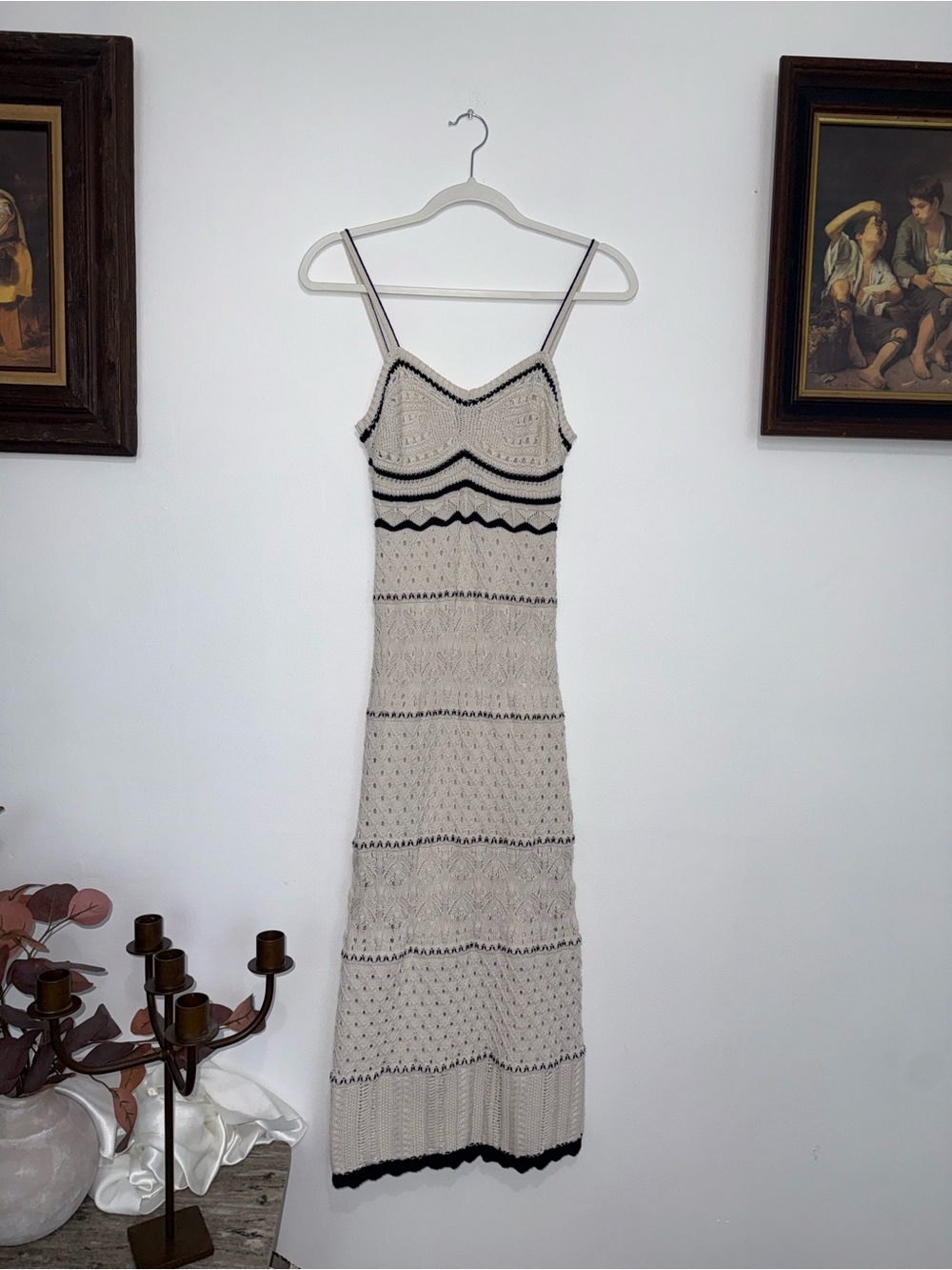 Olive & Oak Beige Crochet Midi Dress with Black Trim